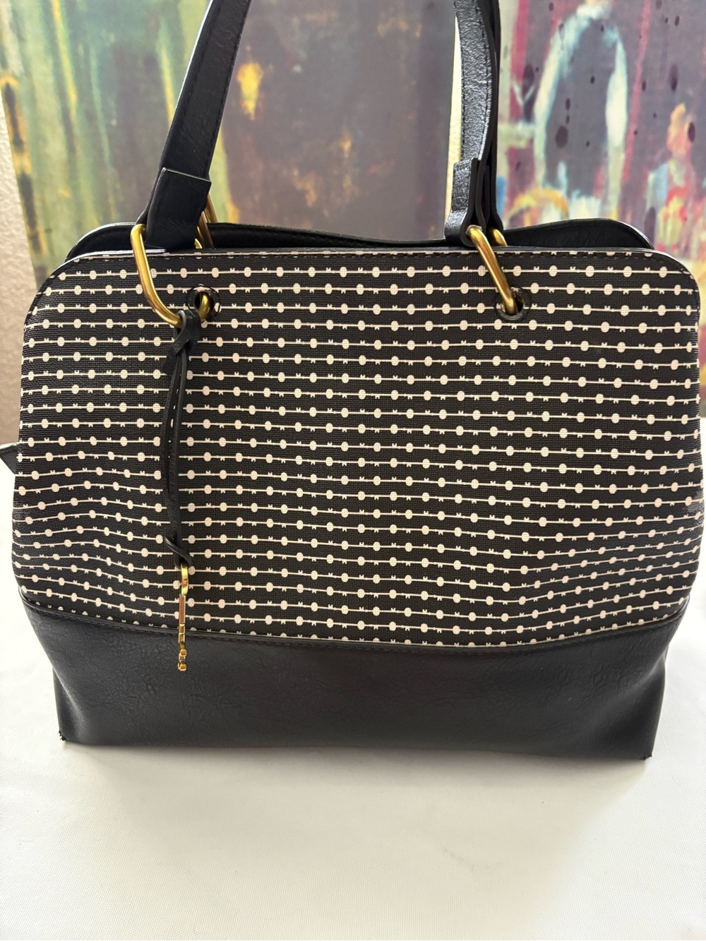 Fossil Convertible Black and White Pattern Satchel with Gold Hardware